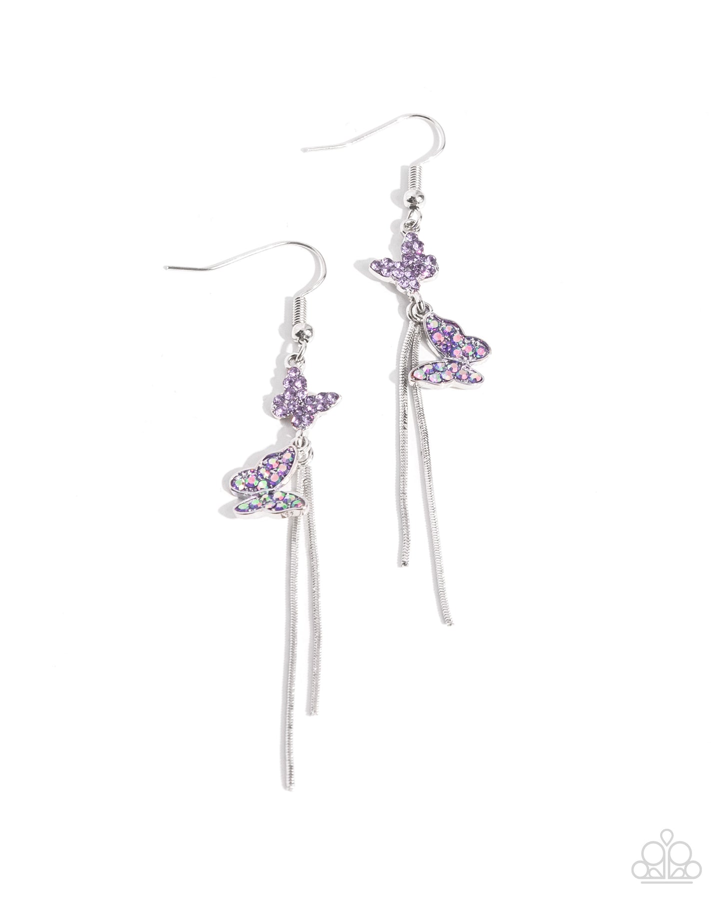 Aerial Affection - Purple Iridescent Violet Rhinestone & Silver Butterfly Earring Paparazzi E2246