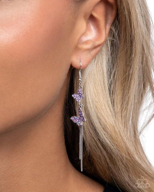 Aerial Affection - Purple Iridescent Violet Rhinestone & Silver Butterfly Earring Paparazzi E2246