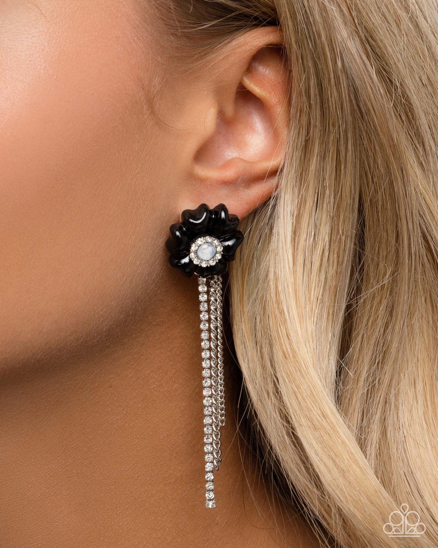 Floral Fuel - Black Flower Opalescent Center Silver Chain Fringe Earring Paparazzi E2192