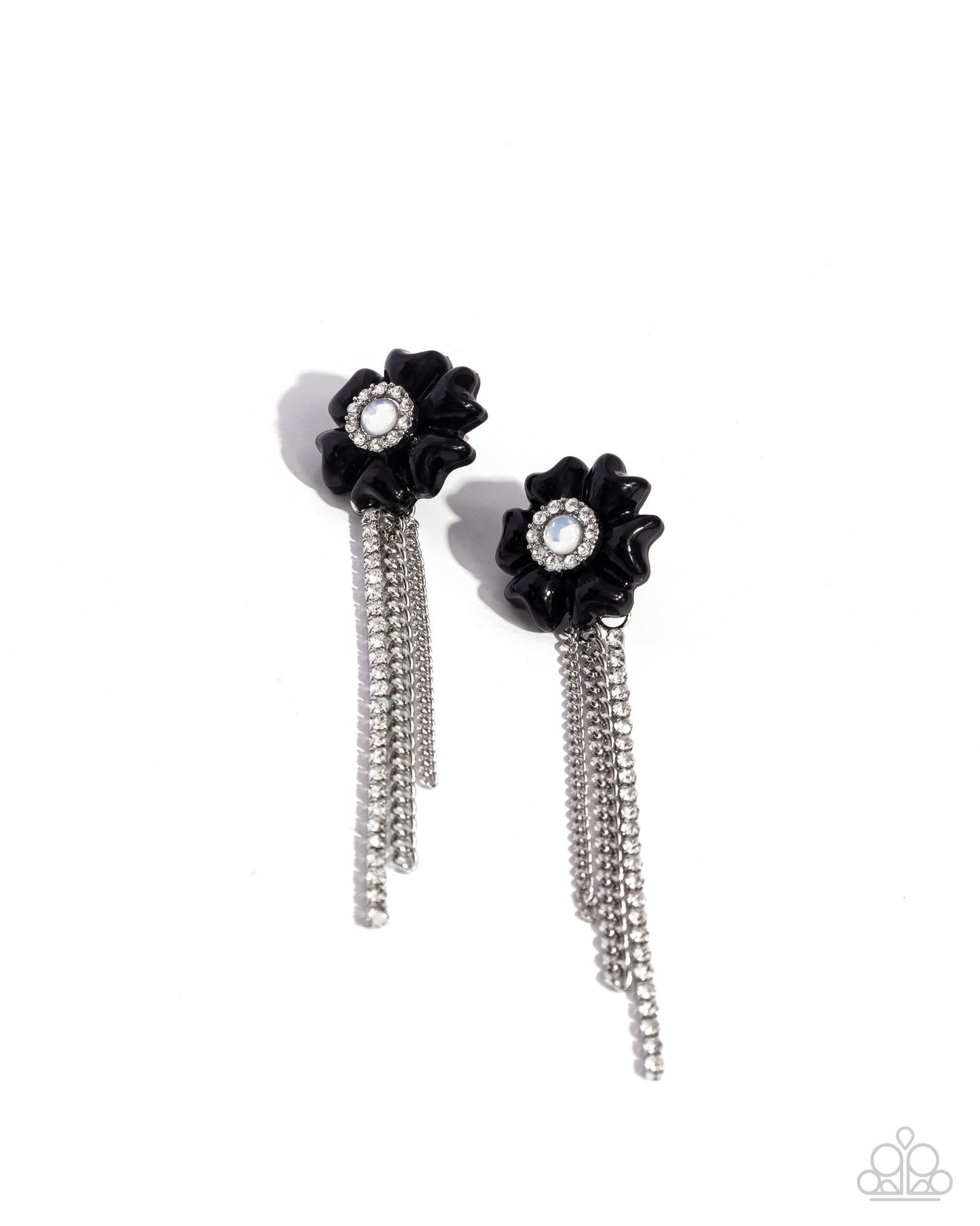 Floral Fuel - Black Flower Opalescent Center Silver Chain Fringe Earring Paparazzi E2192