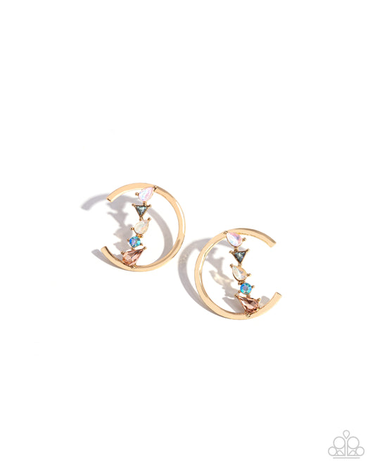Pronged Patchwork - Multicolored Aquamarine Iridescent Gem Gold Post Earring Paparazzi