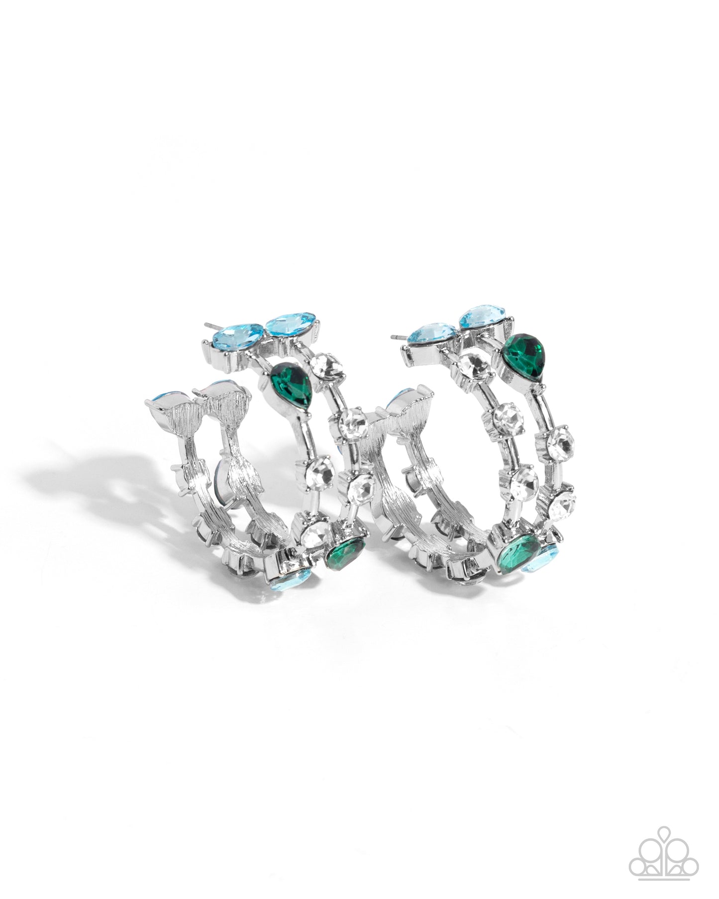 Paparazzi 5th Avenue Fare - Green Emerald, Blue Gem 1 1/2 Inch Silver Hoop Earring