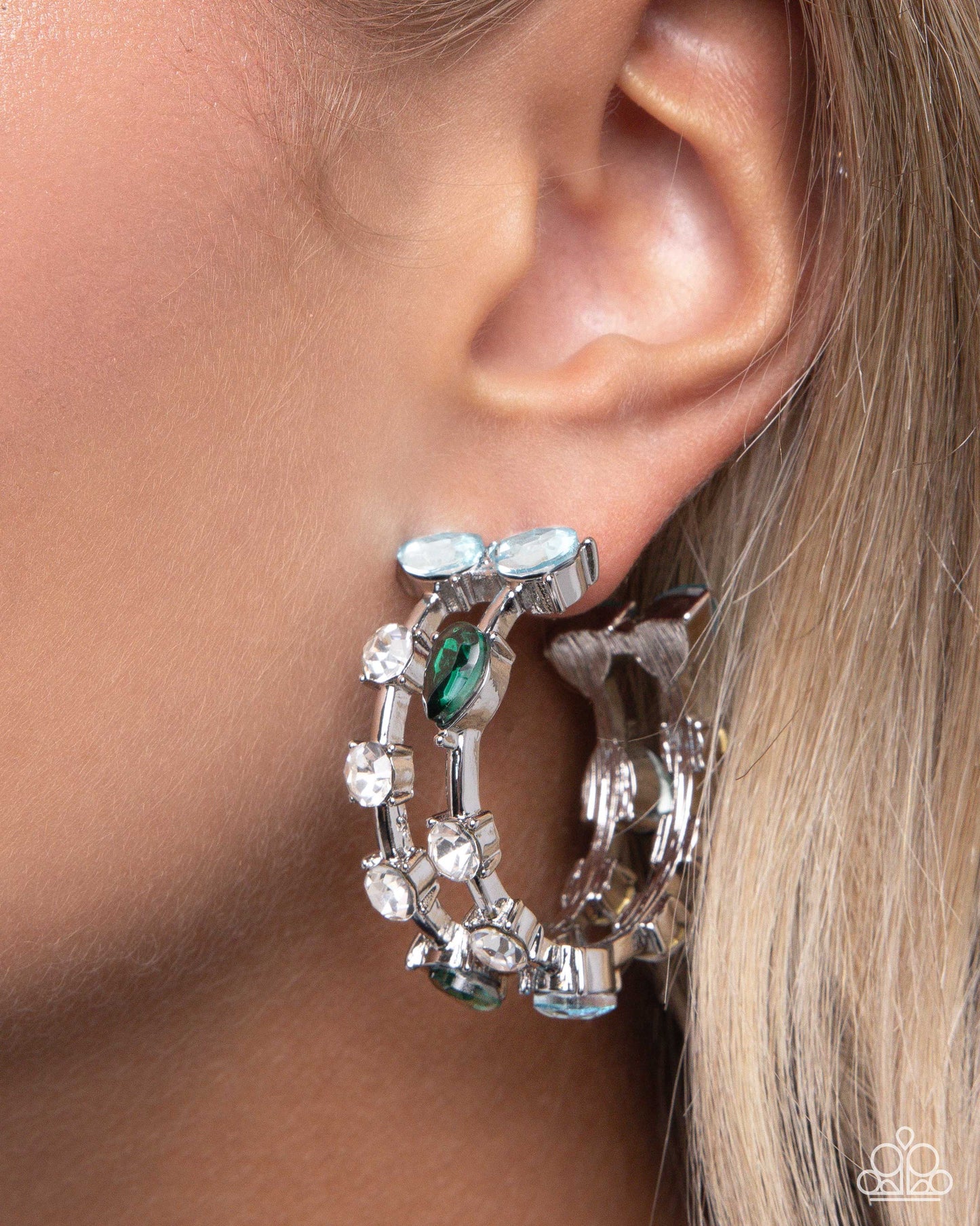 Paparazzi 5th Avenue Fare - Green Emerald, Blue Gem 1 1/2 Inch Silver Hoop Earring