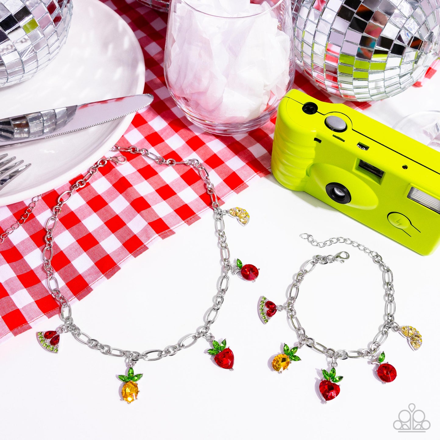 Fruity Fusion - Multi Colored Gem Fruit Charm Watermelon, Pineapple, Lemon, Cherry & Strawberry Charm Necklace Paparazzi N2444