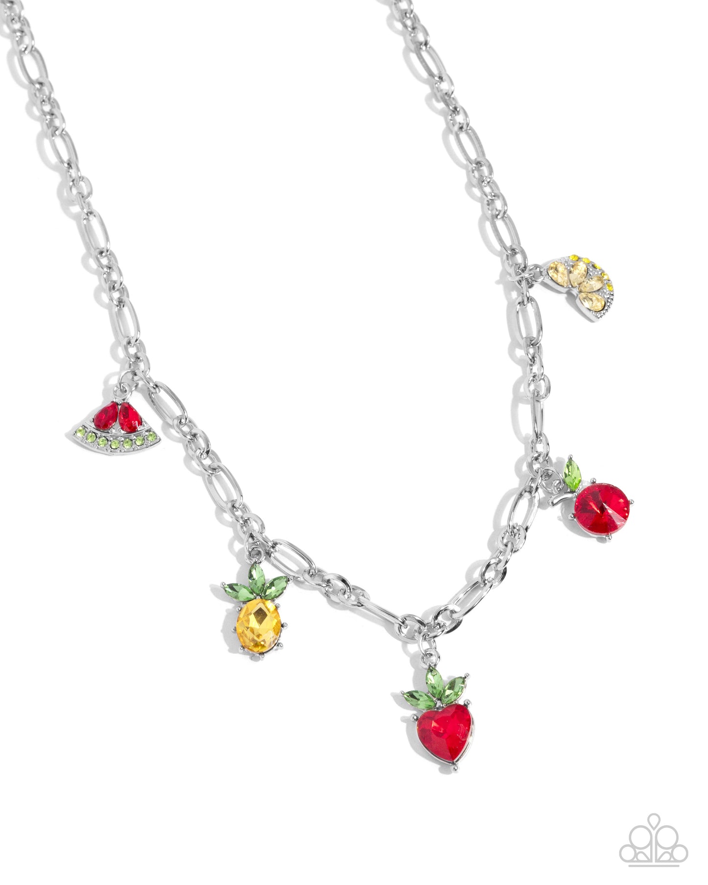 Fruity Fusion - Multi Colored Gem Fruit Charm Watermelon, Pineapple, Lemon, Cherry & Strawberry Charm Necklace Paparazzi N2444