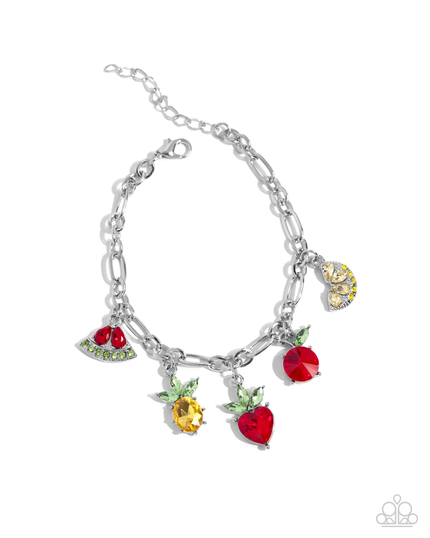 Fruity Feature - Multi Colored Rhinestone Fruit Charms, Watermelon, Pineapple, Lemon, Cherry & Strawberry Charm Bracelet Paparazzi B1608