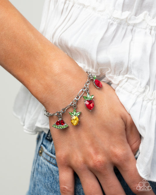 Fruity Feature - Multi Colored Rhinestone Fruit Charms, Watermelon, Pineapple, Lemon, Cherry & Strawberry Charm Bracelet Paparazzi B1608