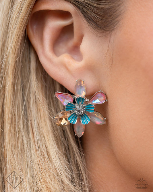 Hamptons Habit - Multi Color Light Topaz, Pink UV Glow Gem Flower Earring Fashion Fix Glimpses Of Malibu June 2024 Paparazzi