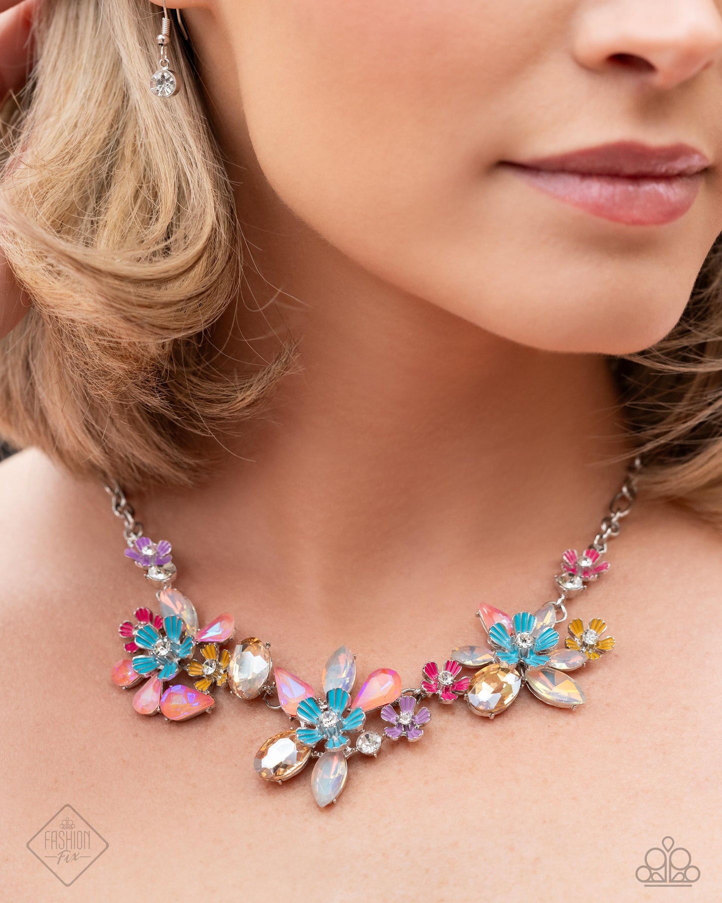 Hamptons Haute - Multi Color UV Shimer Topaz, Pink Gem Flower Necklace Glimpses Of Malibu Fashion Fix June 2024 Paparazzi