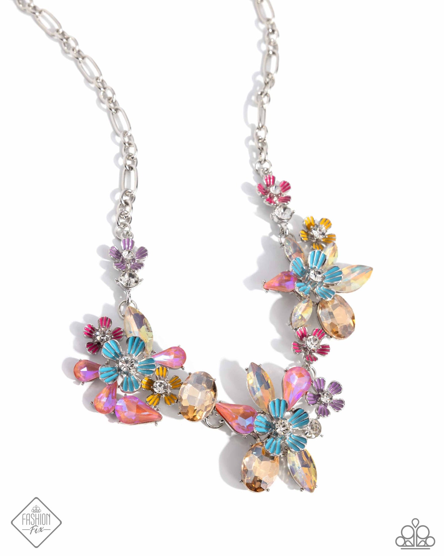 Hamptons Haute - Multi Color UV Shimer Topaz, Pink Gem Flower Necklace Glimpses Of Malibu Fashion Fix June 2024 Paparazzi