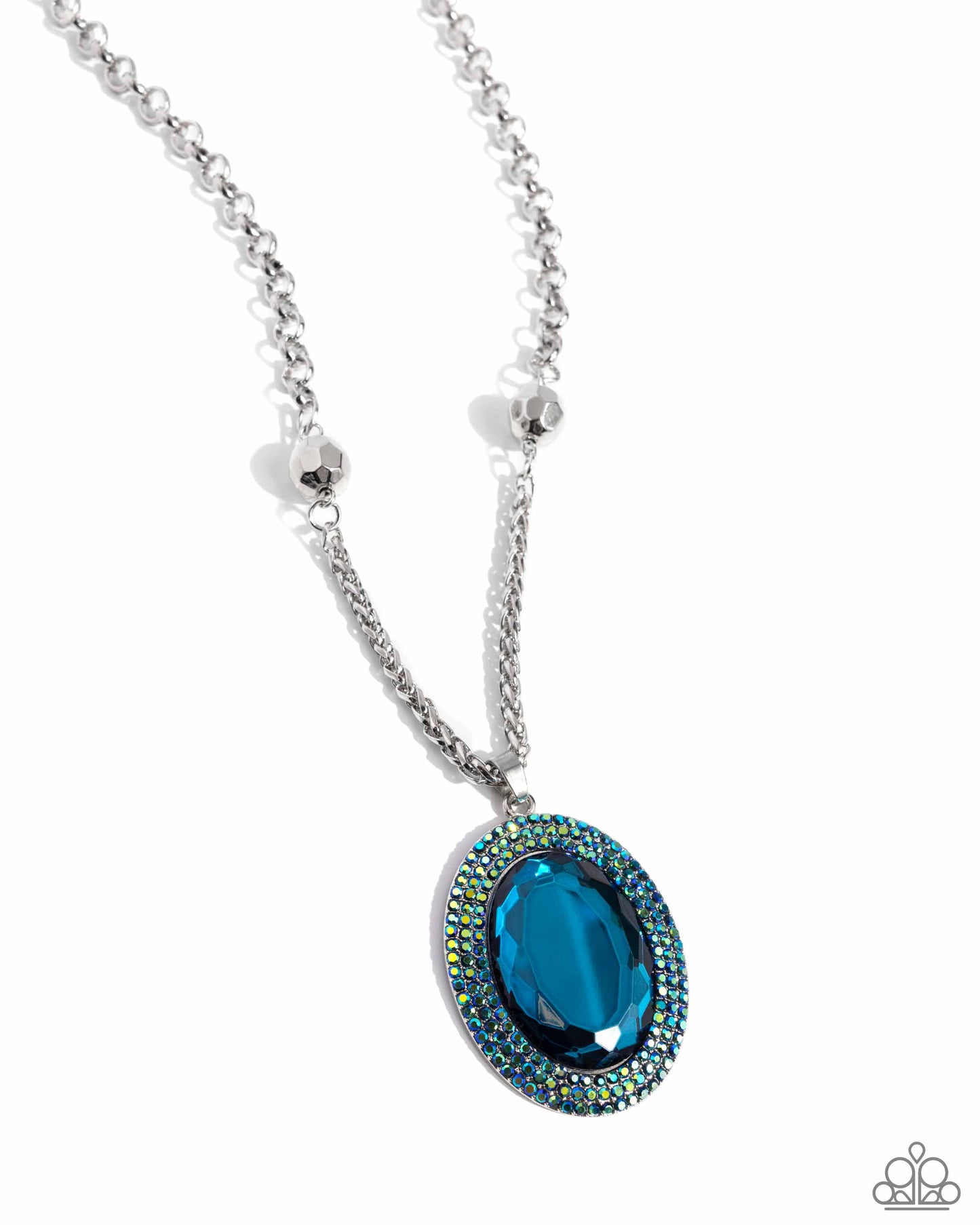 Manufactured Majesty - Blue Iridescent Rhinestone & Oval Bead Necklace Paparazzi Life Of The Party September 2024 Paparazzi