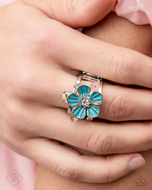 Hamptons Holiday - Blue Flower Pink Gem Silver Ring Glimpses Of Malibu Fashion Fix June 2024 Paparazzi R1177