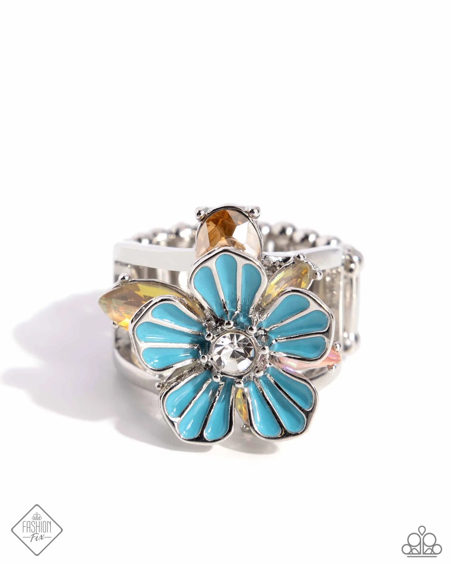 Hamptons Holiday - Blue Flower Pink Gem Silver Ring Glimpses Of Malibu Fashion Fix June 2024 Paparazzi R1177