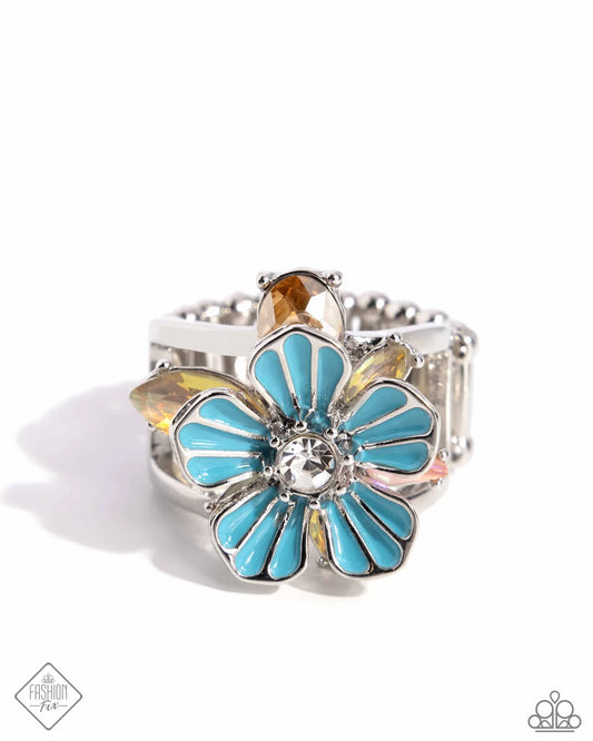 Hamptons Holiday - Blue Flower Pink Gem Silver Ring Glimpses Of Malibu Fashion Fix June 2024 Paparazzi R1177