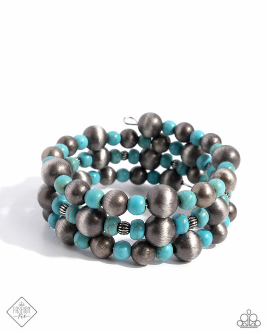 Desert Demand - Blue Turquoise Stone Silver Bead Coil Bracelet Simply Santa Fe August 2024 Fashion Fix Paparazzi  B2406