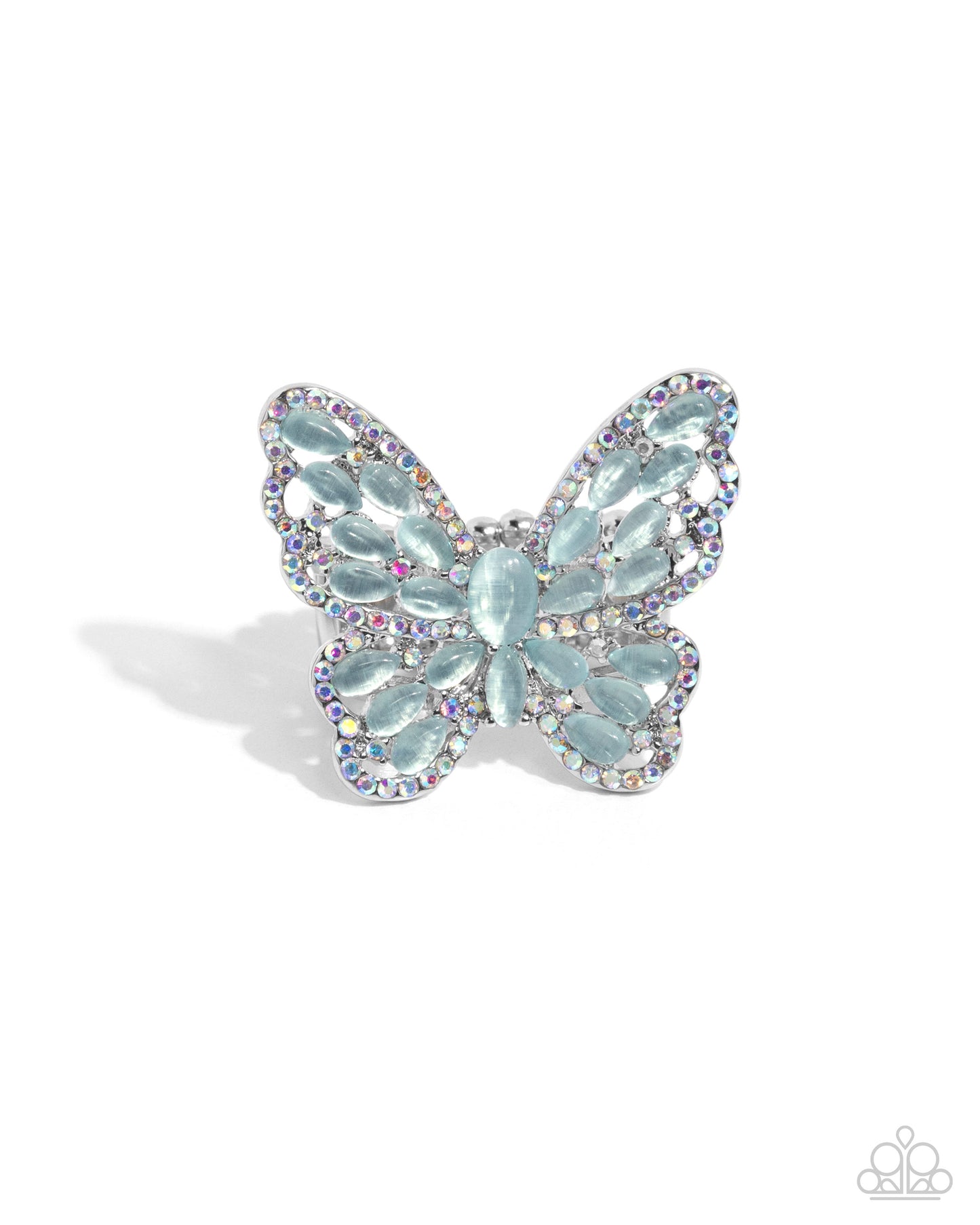 Were Soarin Flyin Blue - Light Blue Cat's Eye Stone & Iridescent Rhinestone Butterfly Ring Paparazzi R0816