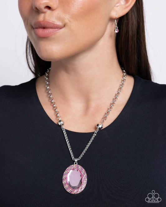 Manufactured Majesty - Pink Reflective Oversized Oval Pendant & Light Peach, Rose, Fuchsia, Amethyst Rhinestone Necklace Paparazzi