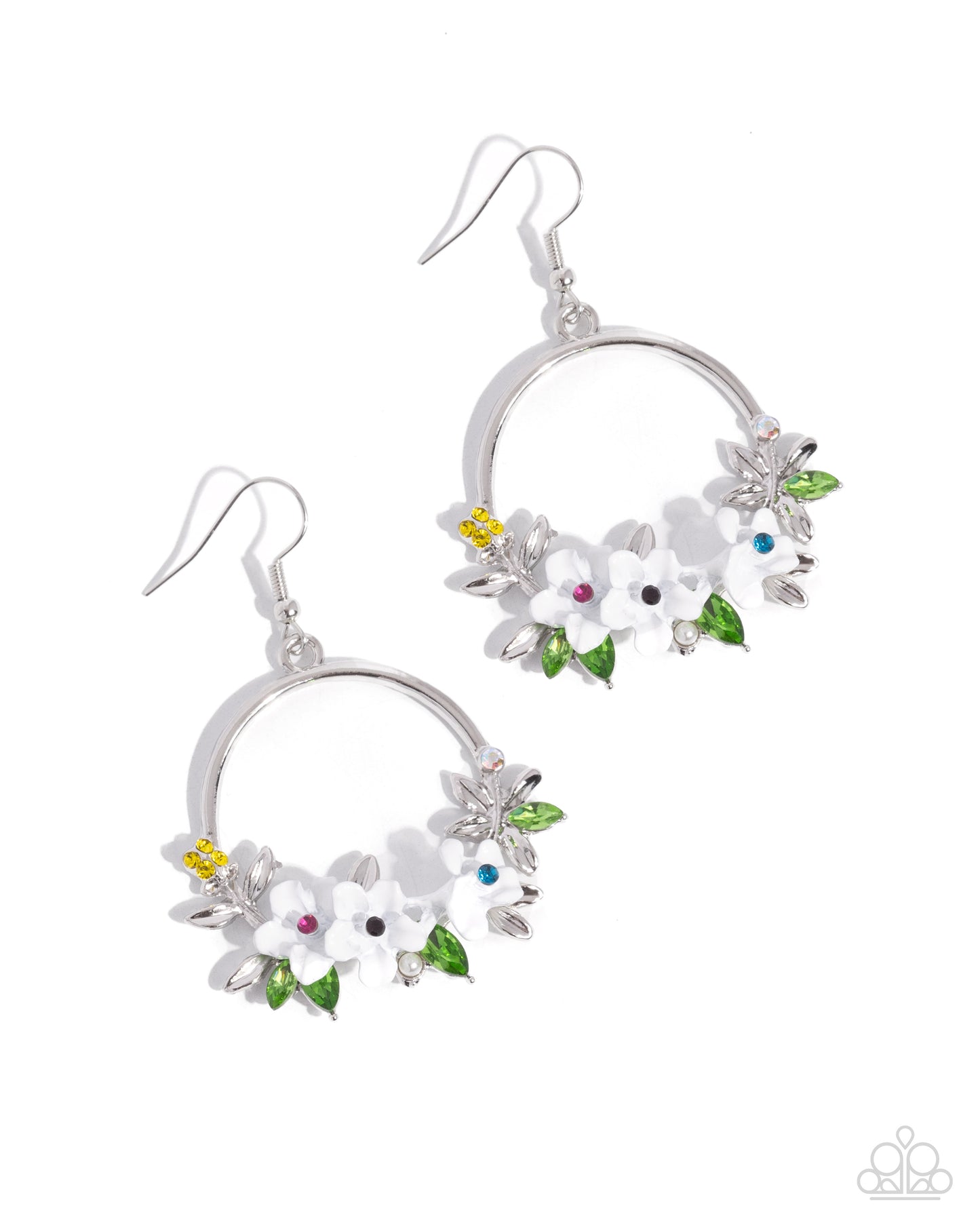 Fairy Freestyle - White Painted Flower Multicolored Rhinestone Center Earring Paparazzi E2133