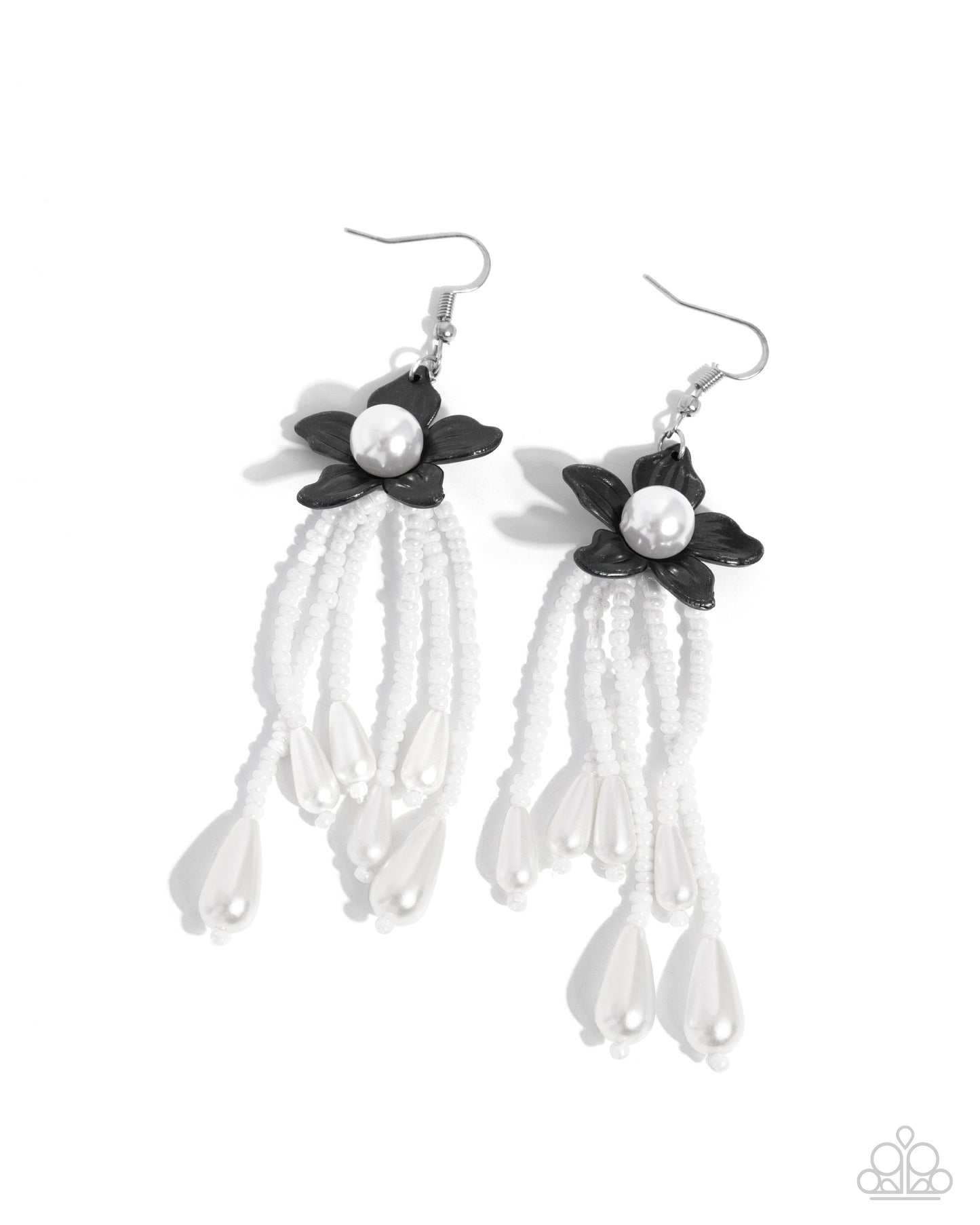 Prom Personality - Black Flower & White Center With White Seed Bead Fringe Earring Paparazzi E2216