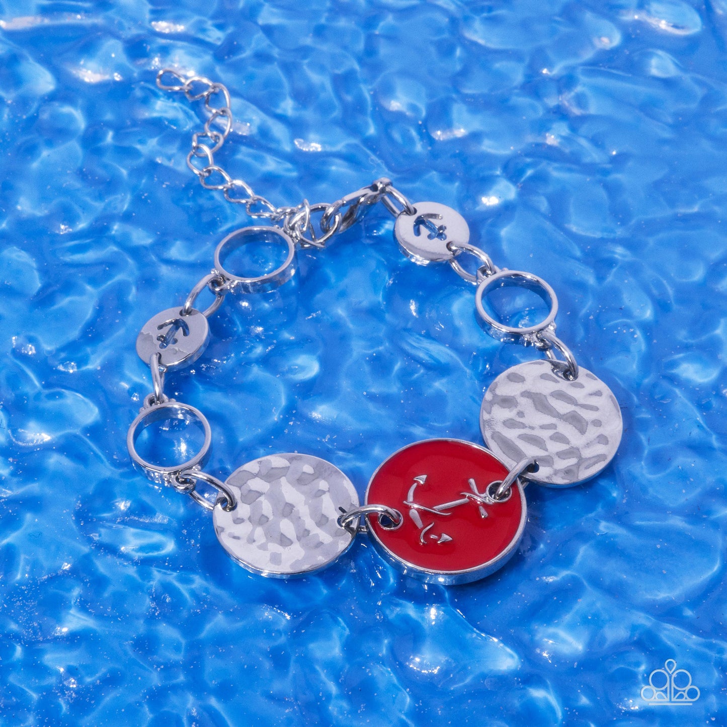 Anchor Alignment - Red Painted Anchor Embellished Silver Disc Bracelet Paparazzi B1629