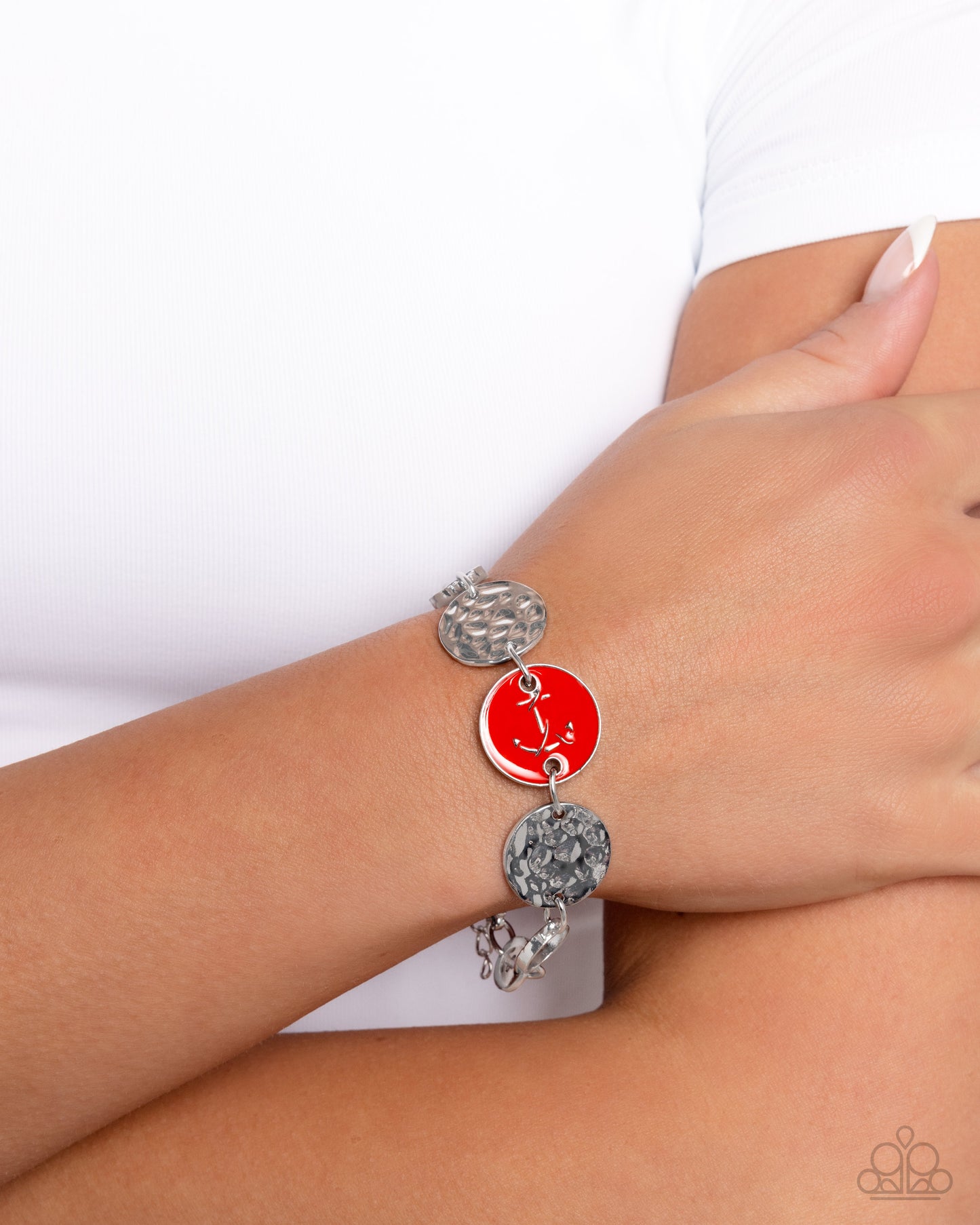 Anchor Alignment - Red Painted Anchor Embellished Silver Disc Bracelet Paparazzi B1629