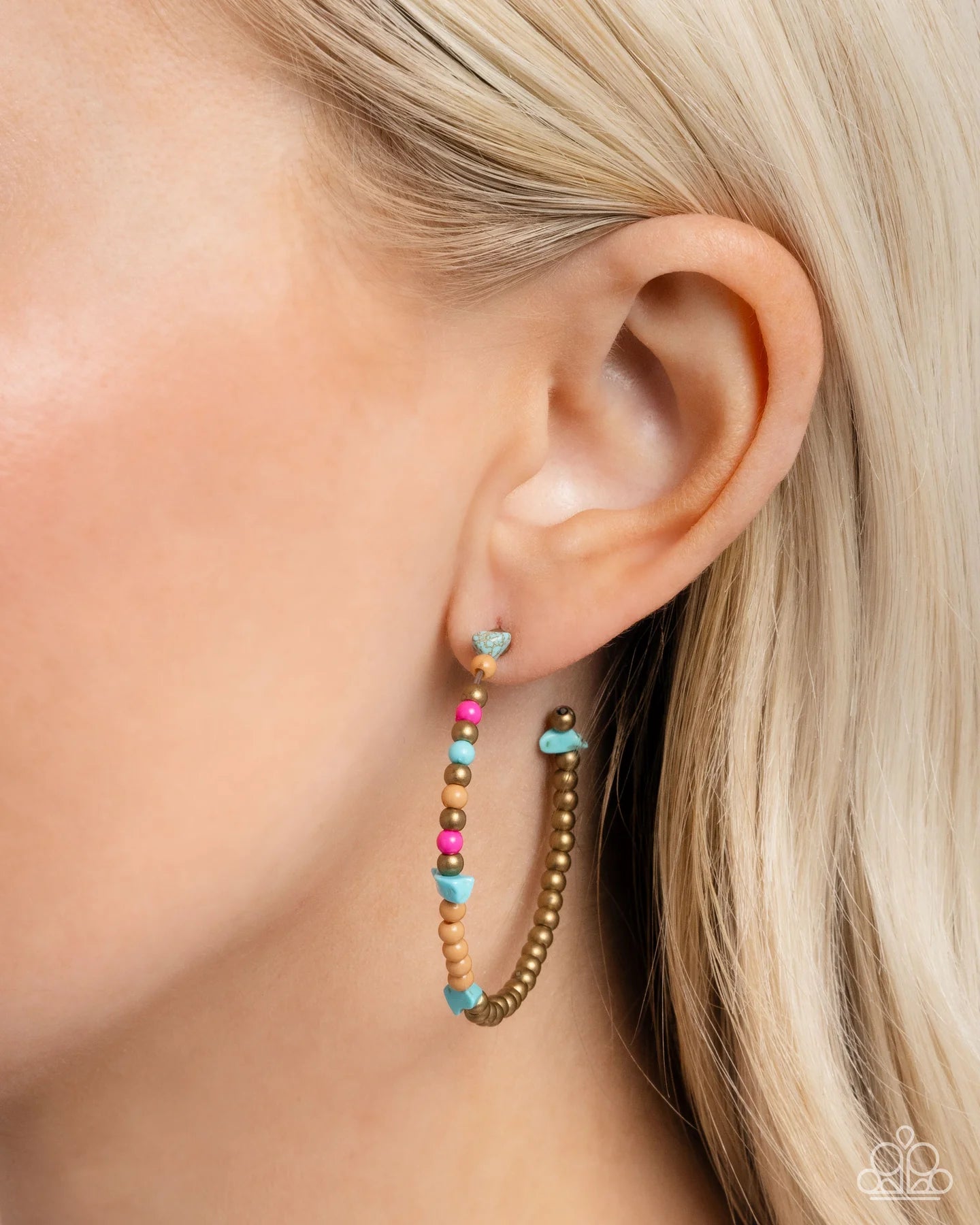 Paparazzi Pointed Promise - Brass Bead, Turquoise Stone Colorful Seed Bead 1 3/4 Inch Hoop Santa Fe Style Earrings E3322