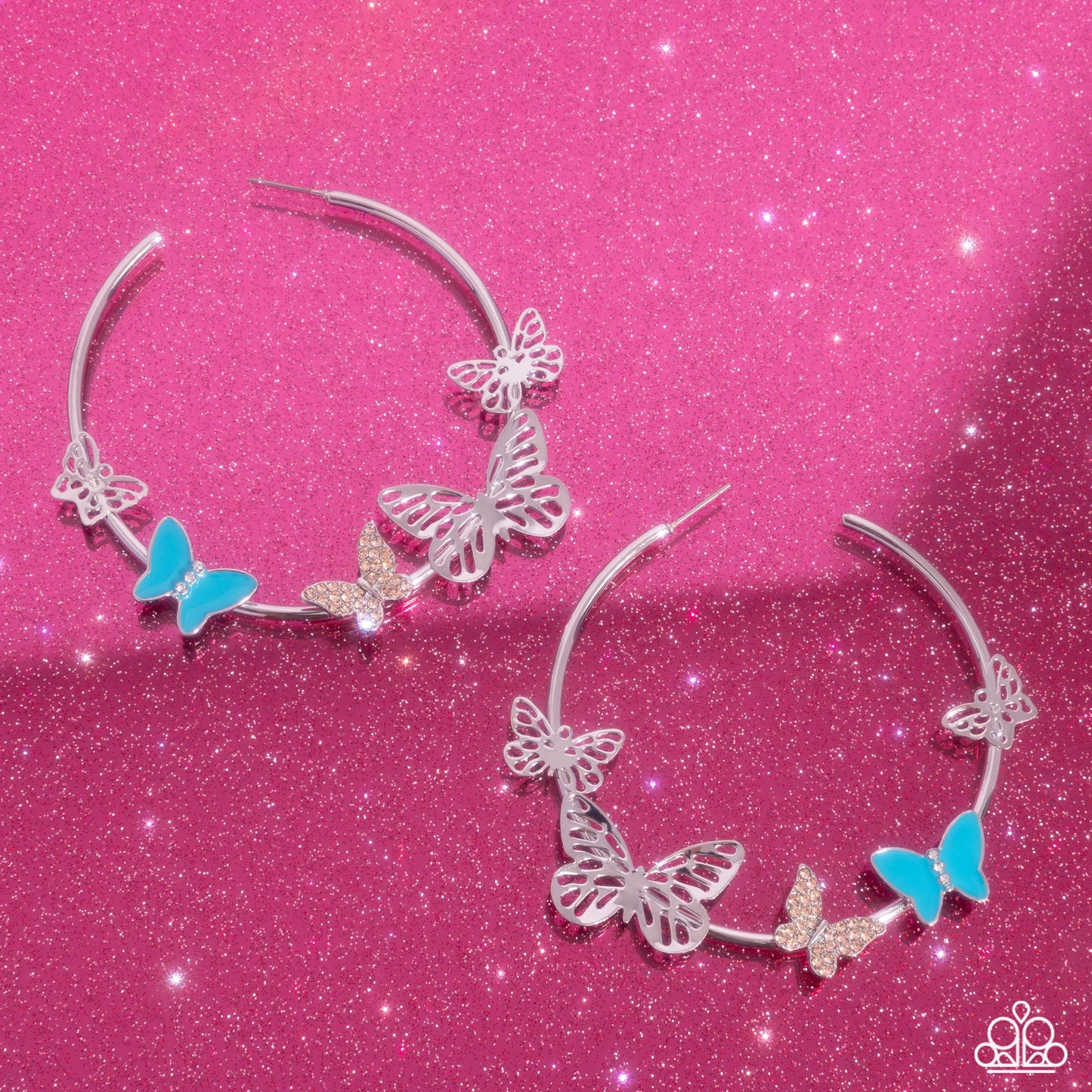 Aerial Allegiance - Multi Blue Capri Silver & White Rhinestone Butterfly 2 1/2 Inch Hoop Earring Paparazzi E2857