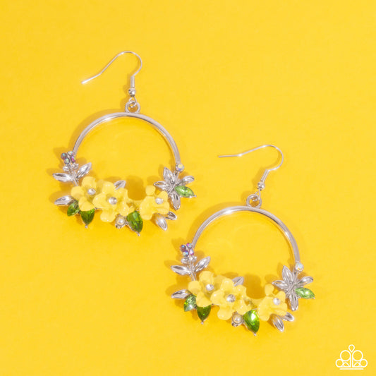 Fairy Freestyle - Yellow Painted Flower, White & Iridescent Rhinestone Earring Paparazzi E2494