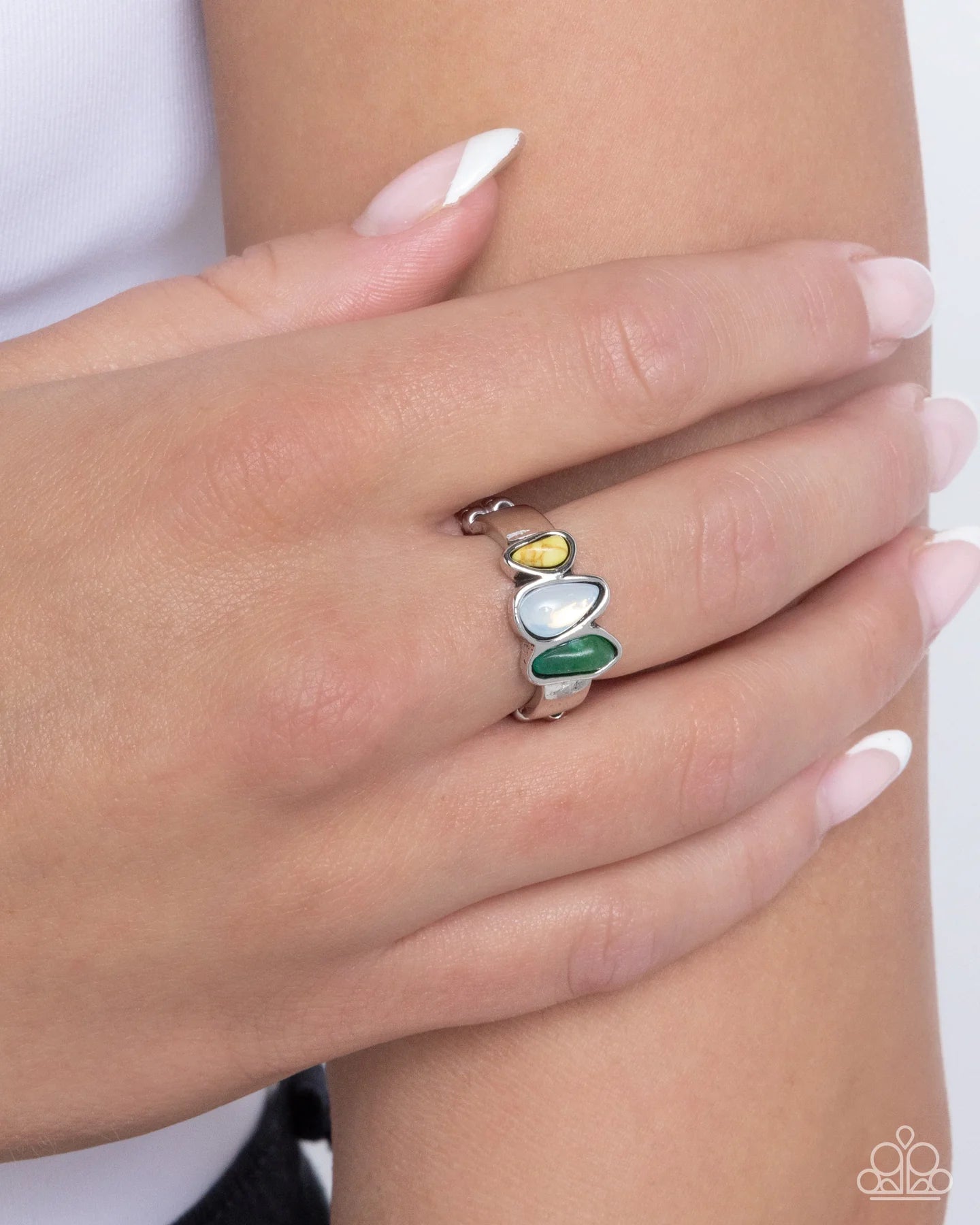 Paparazzi Colored Character - Yellow, White, & Green Silver Ring R1243