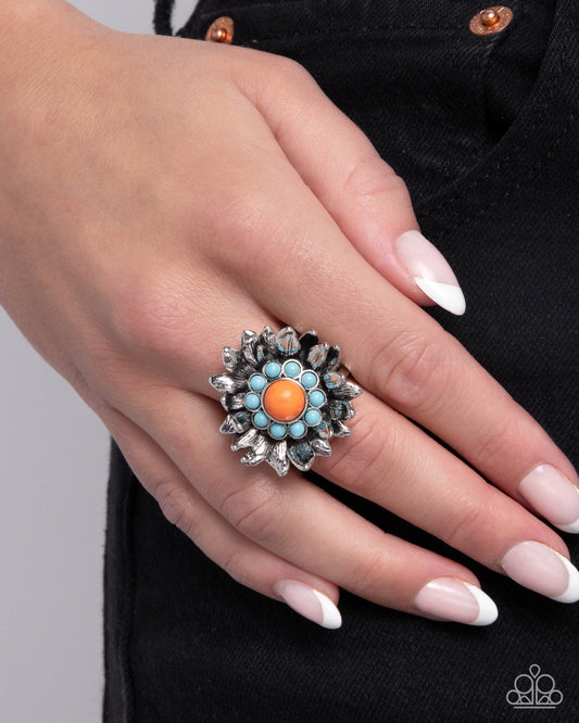 Screening Sunflower - Orange & Turquoise Stone Santa Fe Style Ring Paparazzi R0739