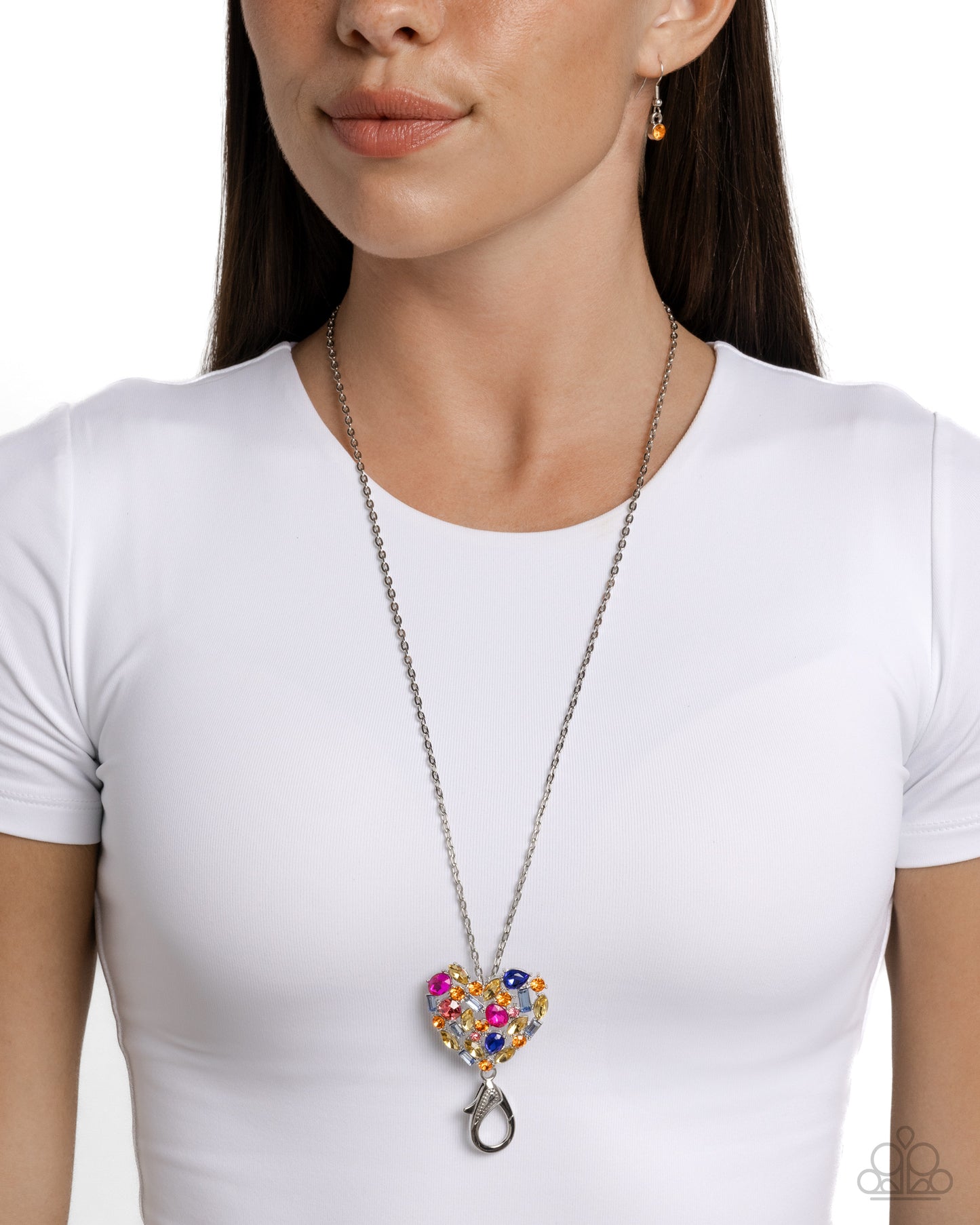 Lovely Lanyard - Multicolored Gem, Rhinestone & Silver Heart Lanyard Necklace Paparazzi