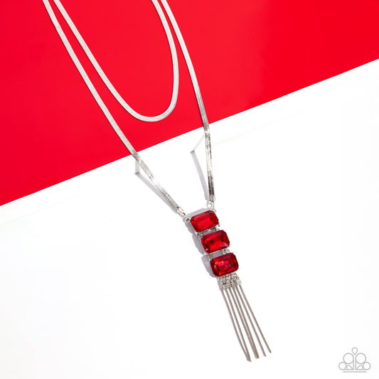 Passionate Pageantry - Red Gem & Silver Herringbone Chain Layered Necklace Paparazzi