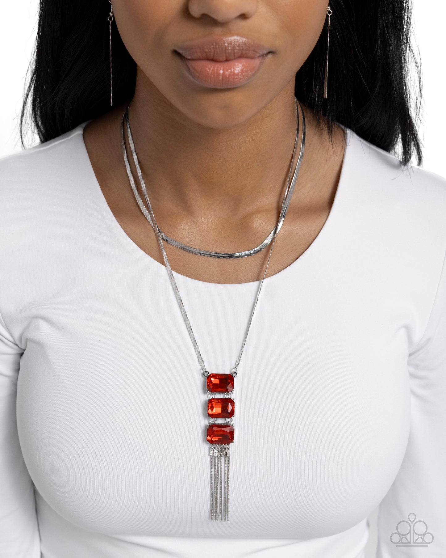 Passionate Pageantry - Red Gem & Silver Herringbone Chain Layered Necklace Paparazzi