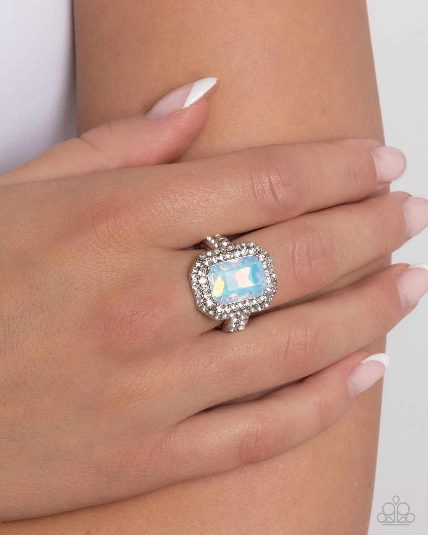 Faceted Fidelity - Blue Opalescent Gem & White Rhinestone Ring Paparazzi R0811