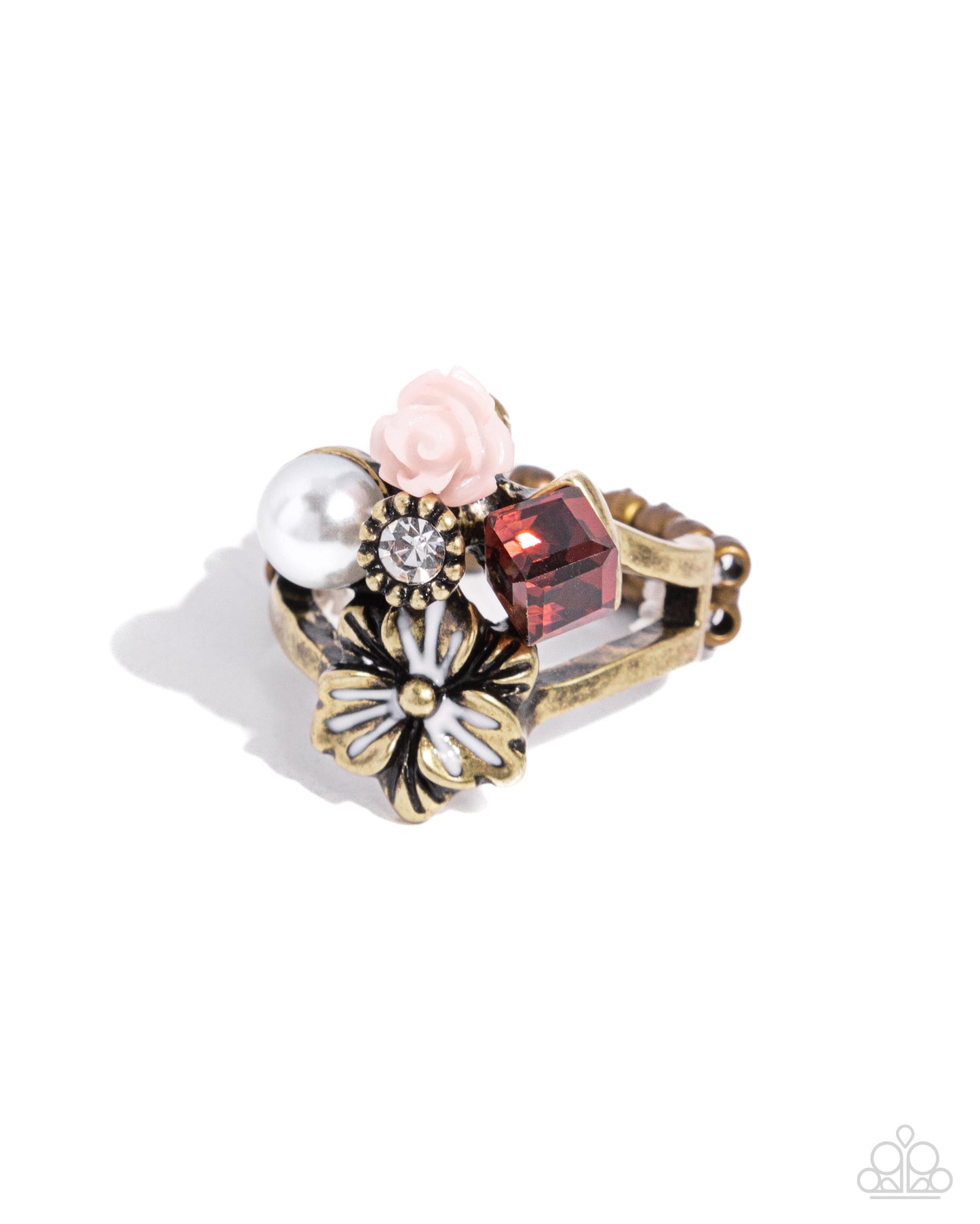 Gardening Gang - Brass, White Pearl, Light Peach Resin Rose Flower Ring Paparazzi R0777