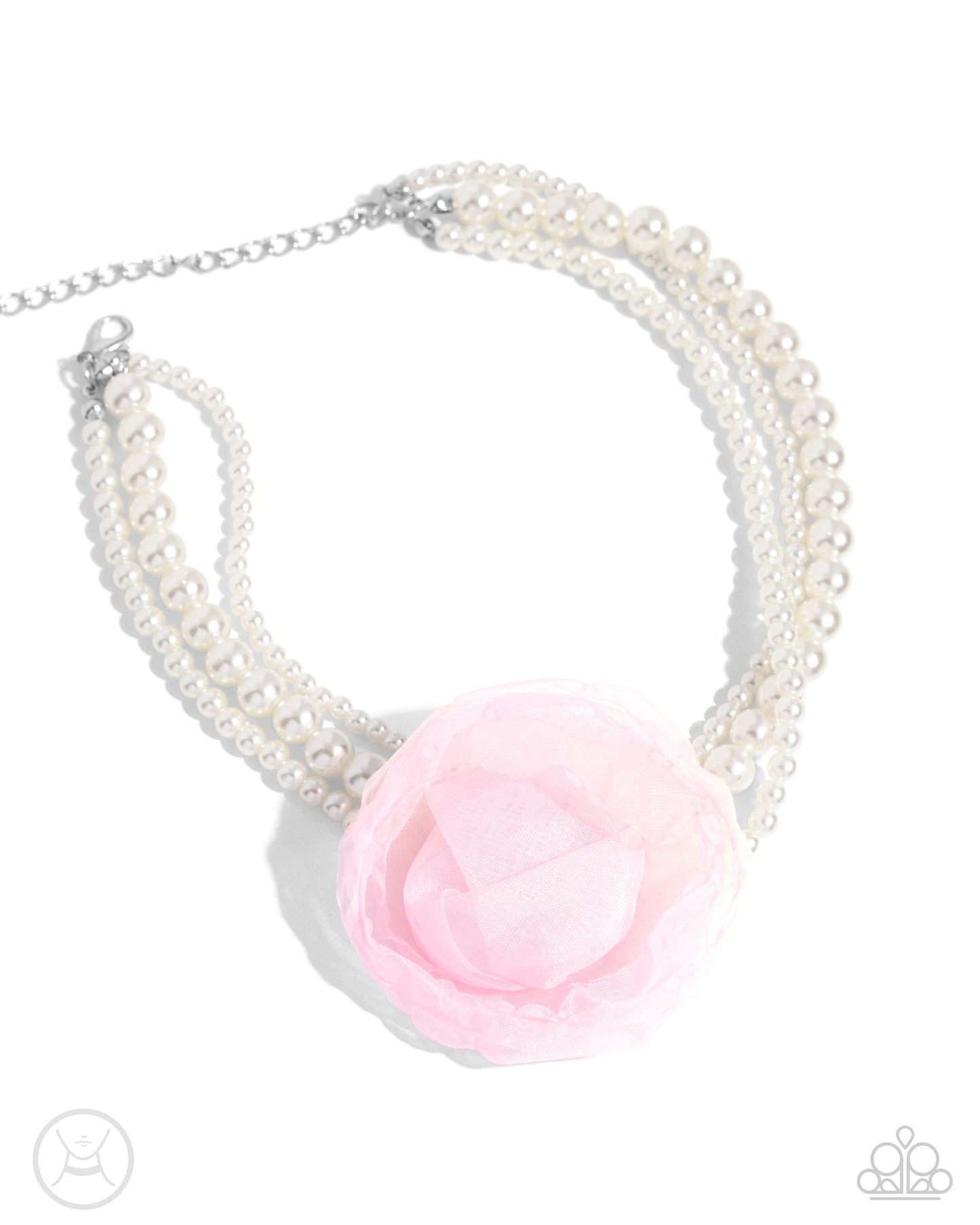 Radiant Rosette - Pink -Baby Pink Tulle Rosette White Pearly Strand Choker Necklace Paparazzi