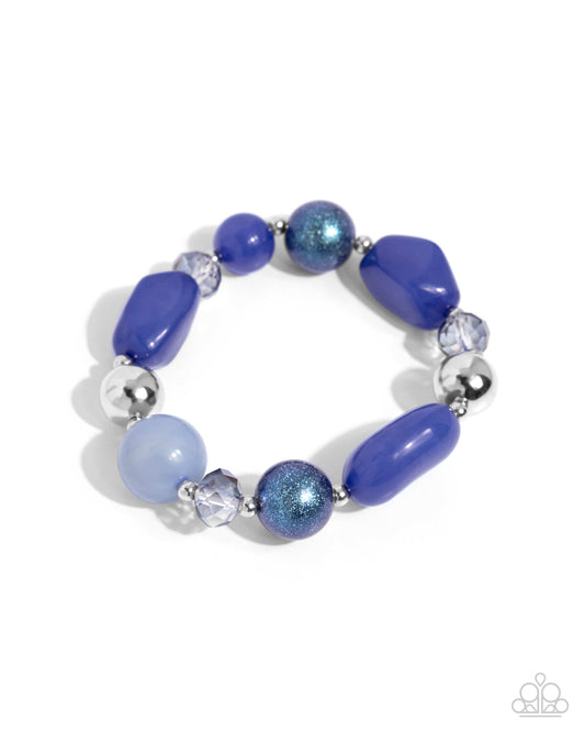 Beaded Backing - Blue Chambray, Marlin, Silver & Glittery Blue Bead Stretch Bracelet Paparazzi B2290