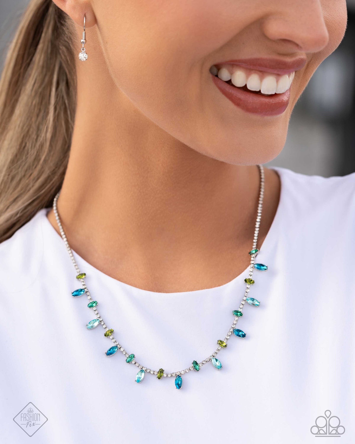 Feminine Fashion - Blue, Green Gem & White Rhinestone Necklace 5th Avenue Fashion Fix July 2024 Paparazzi