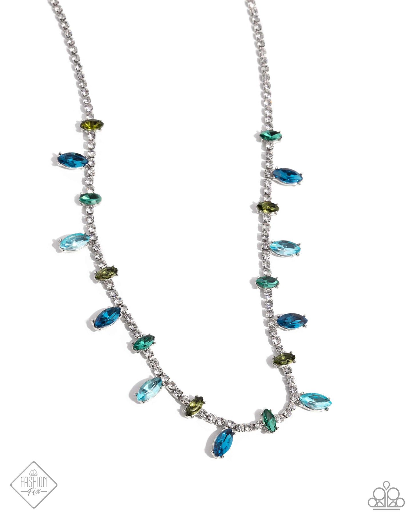 Feminine Fashion - Blue, Green Gem & White Rhinestone Necklace 5th Avenue Fashion Fix July 2024 Paparazzi