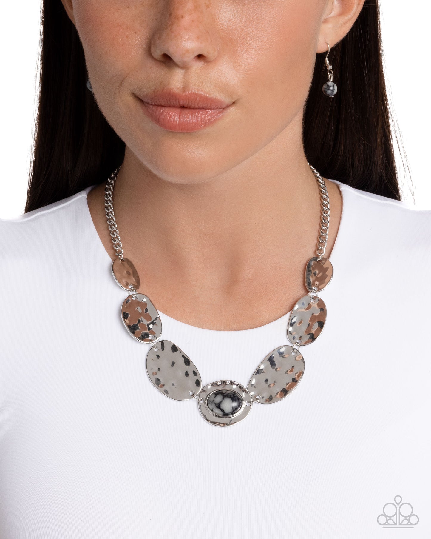 Textured Timbre - Black Marbled Stone Silver Hammered Santa Fe Style Necklace Paparazzi N2389