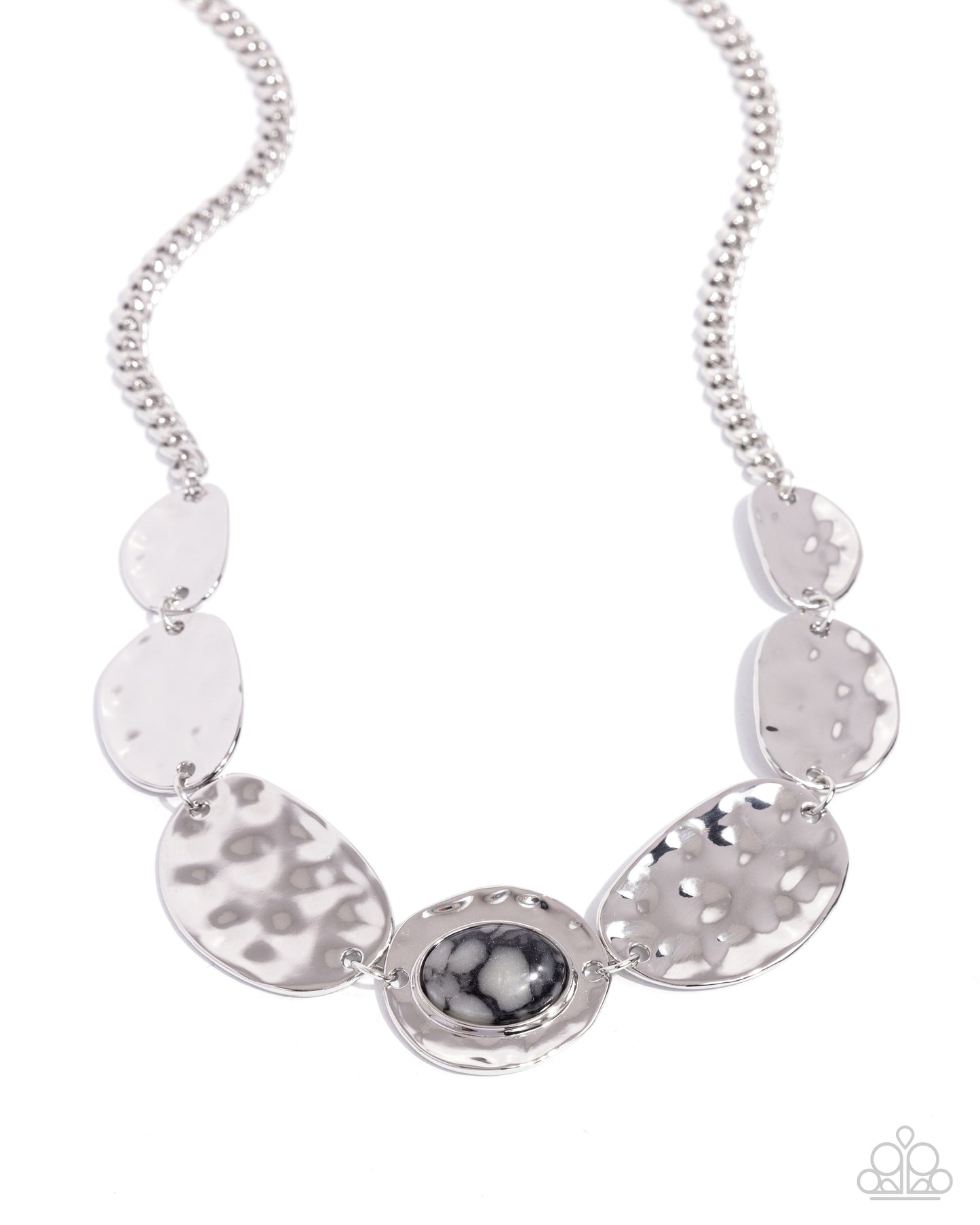 Textured Timbre - Black Marbled Stone Silver Hammered Santa Fe Style Necklace Paparazzi N2389