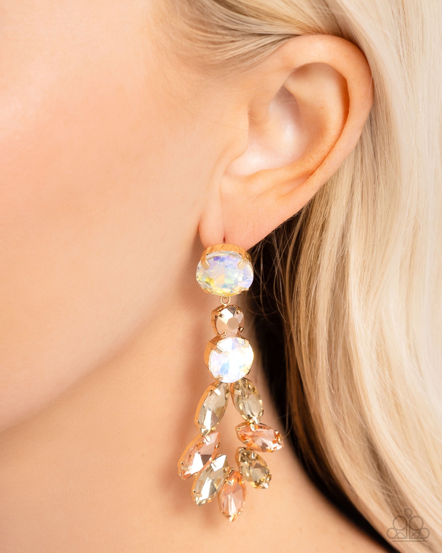 Cascading Cache - Gold UV Antiqued Gold Gem & Champagne, Peach Finish Gem Earring Paparazzi E2504