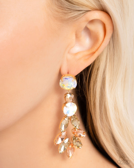 Cascading Cache - Gold UV Antiqued Gold Gem & Champagne, Peach Finish Gem Earring Paparazzi E2504