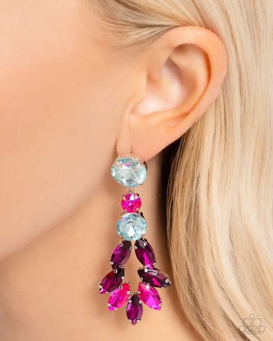 Cascading Cache - Multi Pink, Magenta, Blue Defaced Gem Post Earring Paparazzi E2157