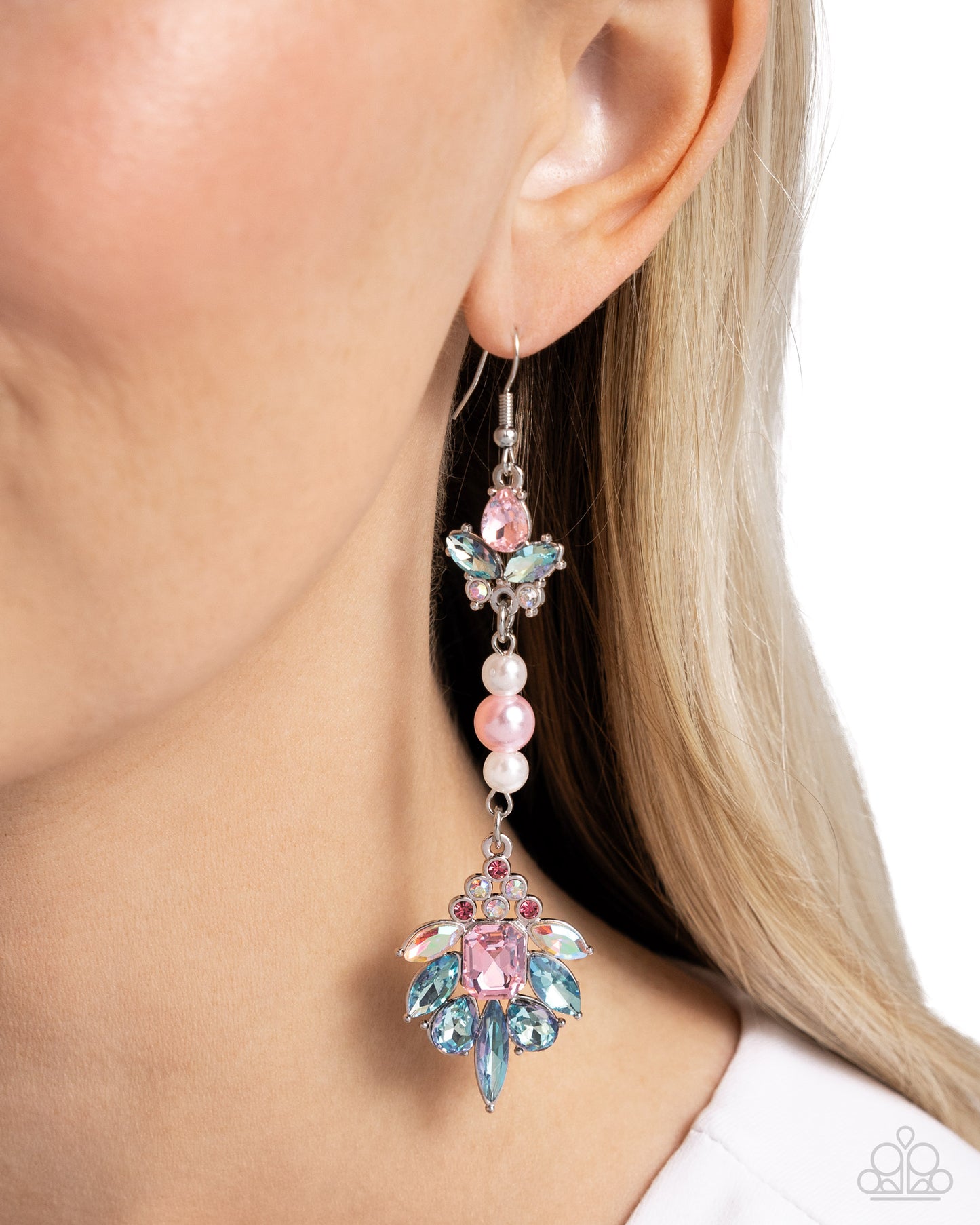 Considerable Captivation - Multi Blue & Pink Rhinestone White Pearl Earring Paparazzi E2298