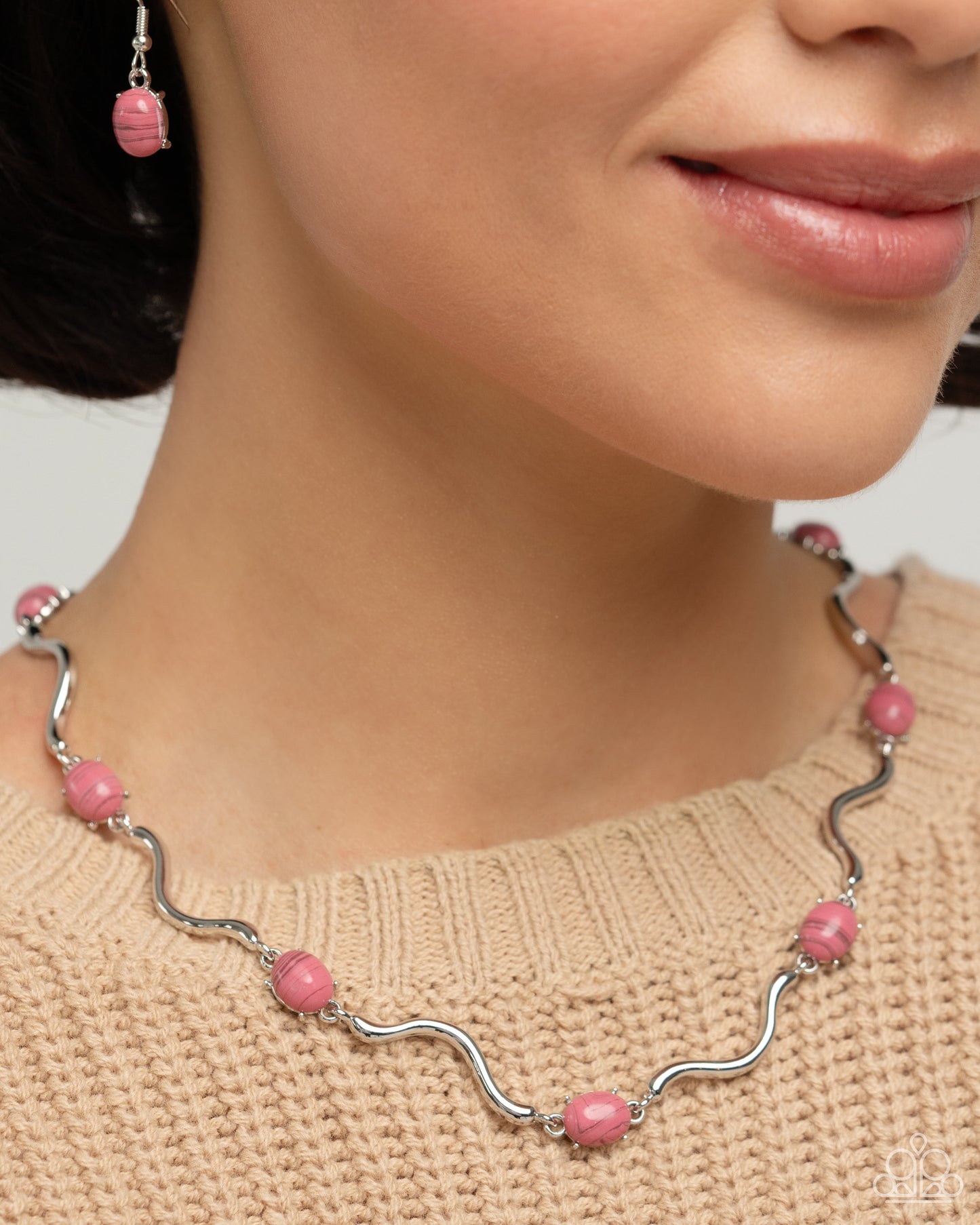 Striped Season - Pink Striped Oval Bead Silver Wavy Bar Necklace Paparazzi N2325