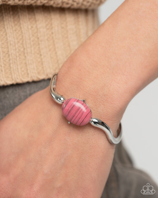 Striped Sensation - Pink Striped Oval Bead Silver Cuff Bracelet Paparazzi B1567