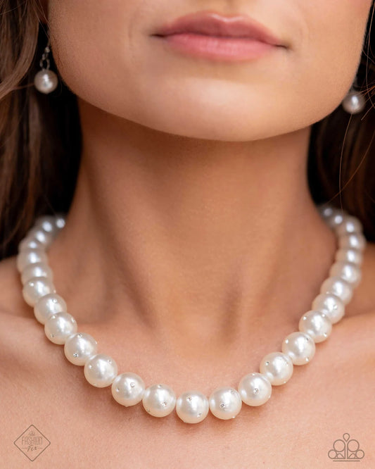 Dashing Definition - White Pearl & Rhinestone Necklace Fiercely 5th Avenue Fashion Fix August 2024 Paparazzi N3612