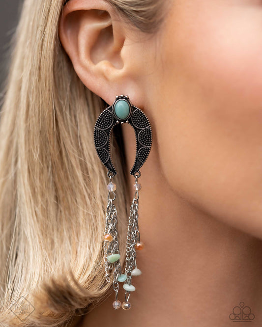 Sahara Sway - Blue Turquoise Horseshoe Earring Santa Fe Fashion Fix July 2024 Paparazzi E2067