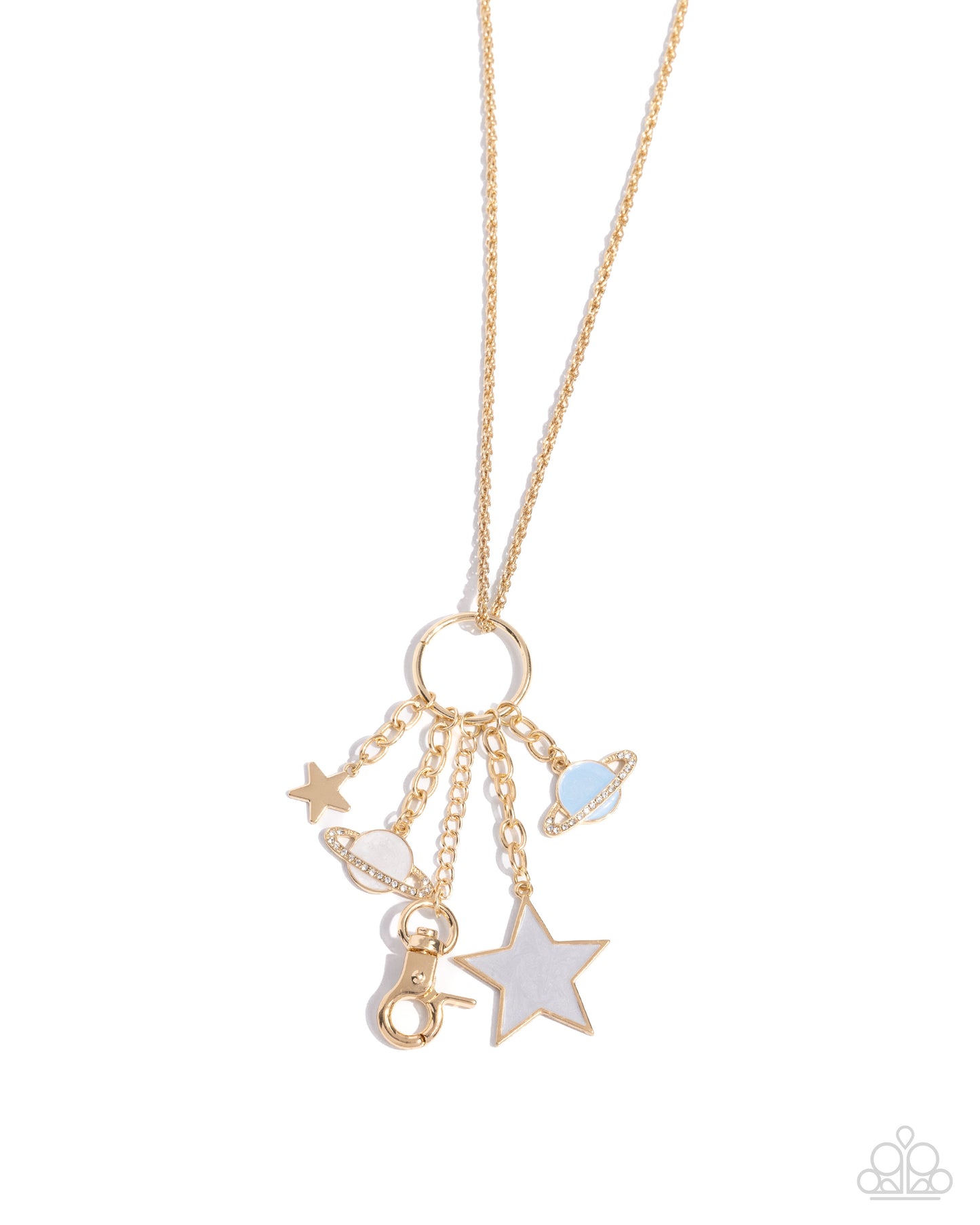 Planetary Pizzazz - Gold Star, Ring, Rope Chain, Saturn Charm Lanyard Necklace Paparazzi N2422